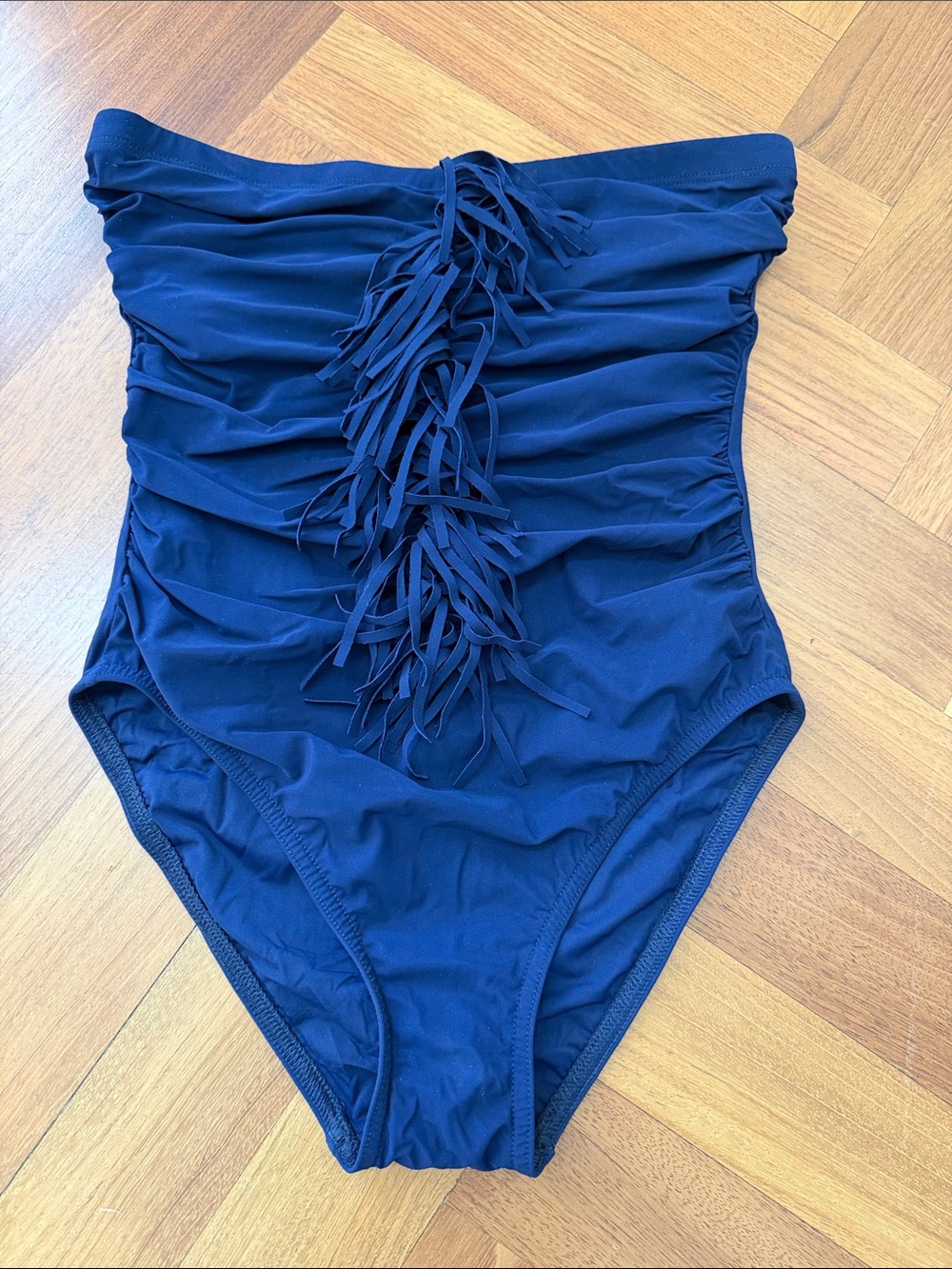 Karla Coletto Navy Strapless One-Piece Swimsuit with Front Fringe